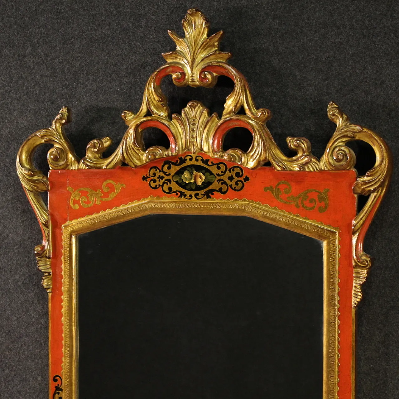 Specchiera toscana laccata rossa e dorata, 20th secolo 3