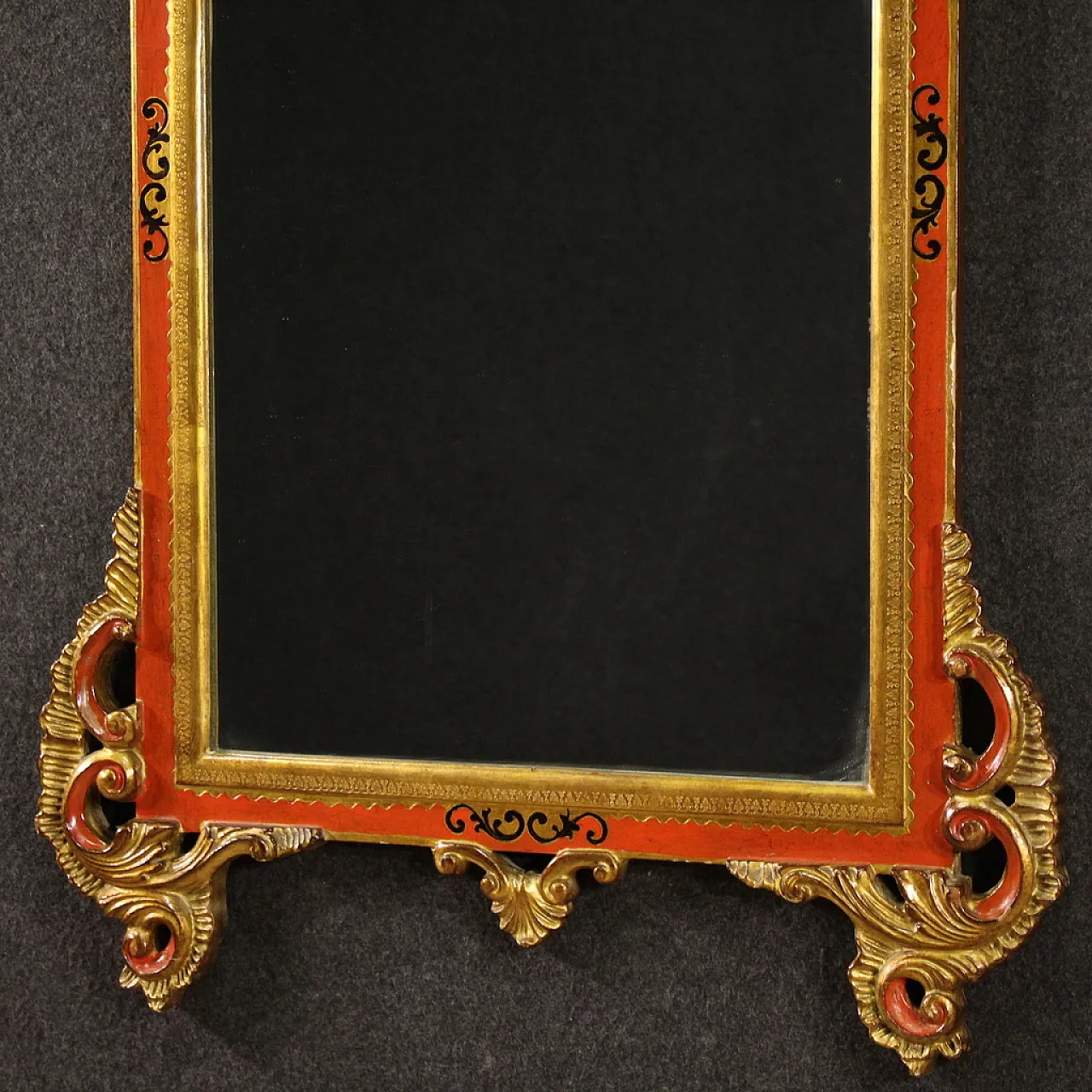 Specchiera toscana laccata rossa e dorata, 20th secolo 4