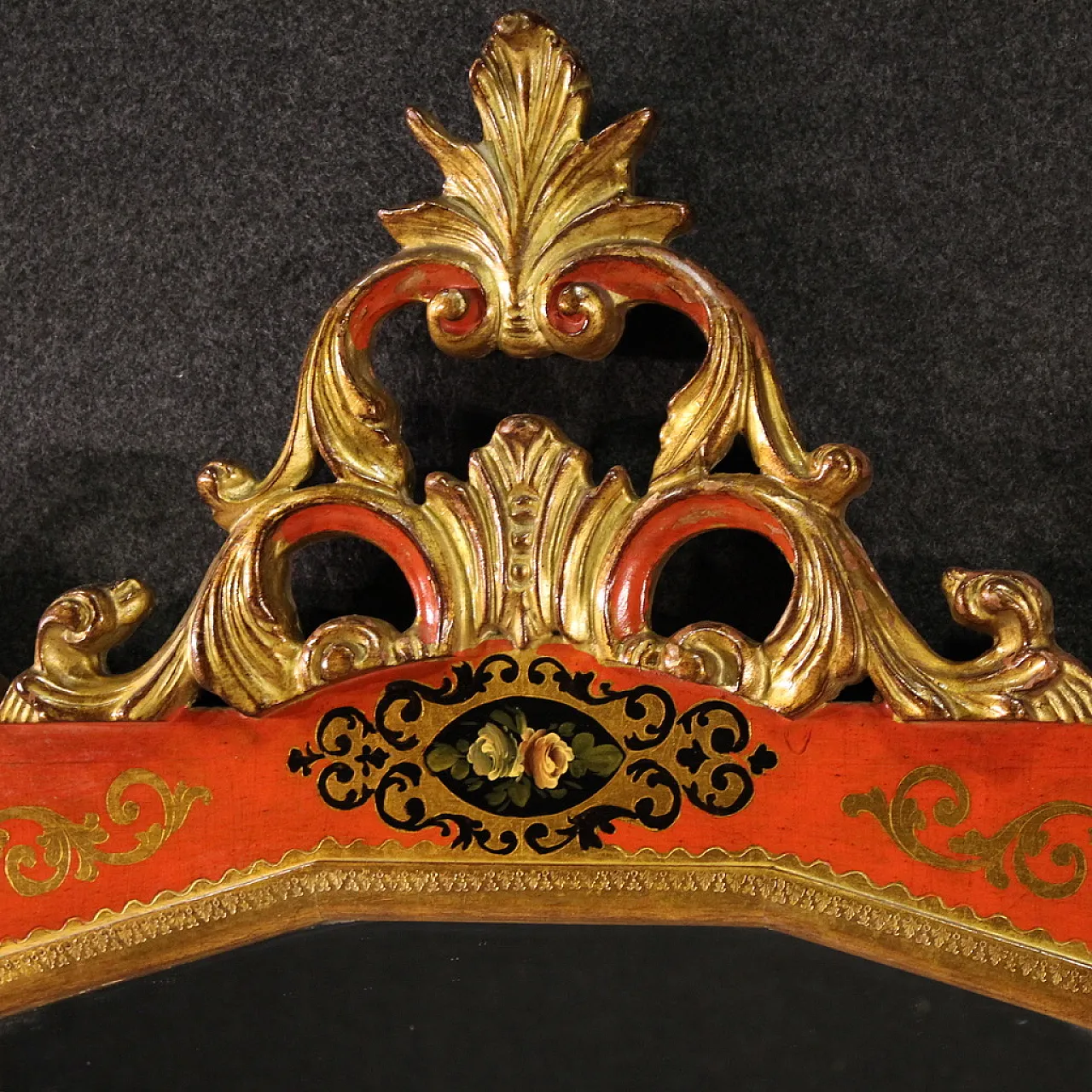 Specchiera toscana laccata rossa e dorata, 20th secolo 6
