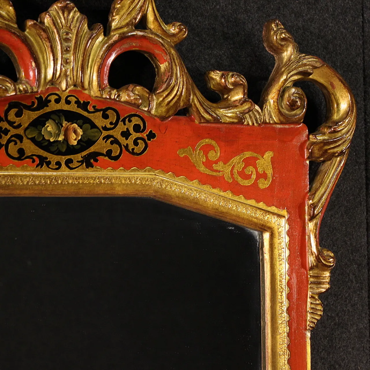 Specchiera toscana laccata rossa e dorata, 20th secolo 11