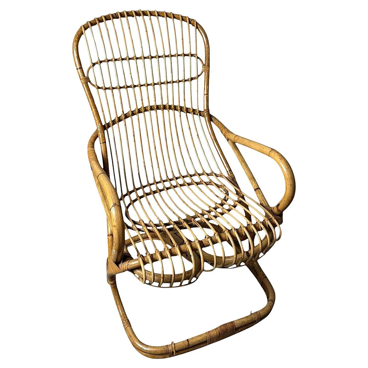 Poltrona a doghe in vimini e bambù in stile rustico, anni '60 1