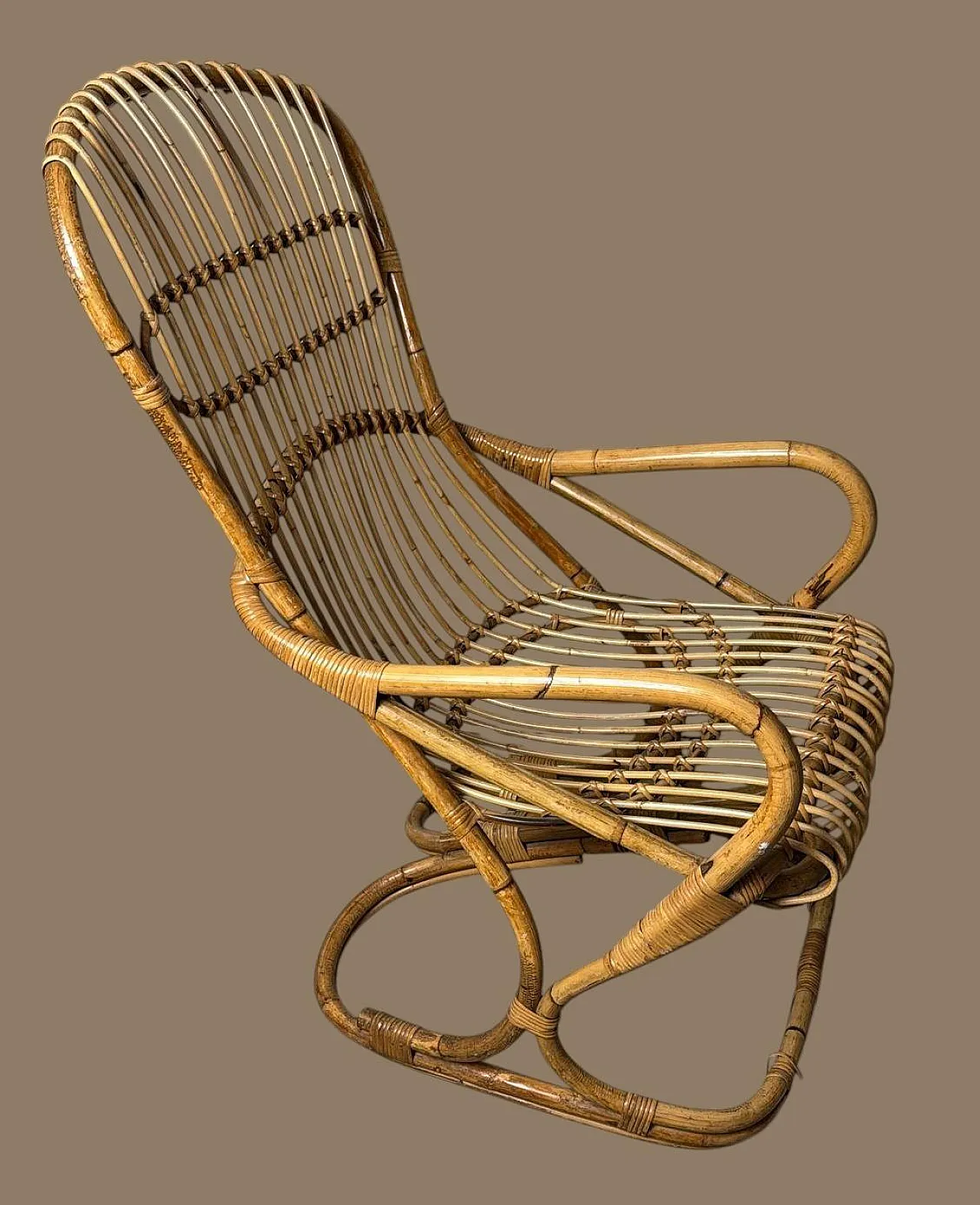 Poltrona a doghe in vimini e bambù in stile rustico, anni '60 2