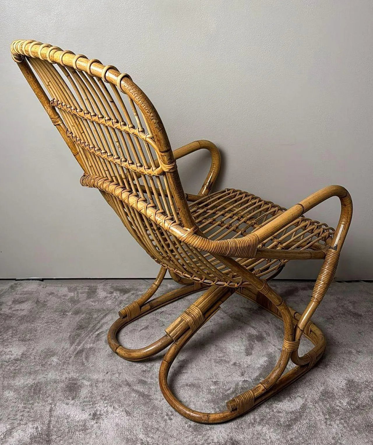 Poltrona a doghe in vimini e bambù in stile rustico, anni '60 3