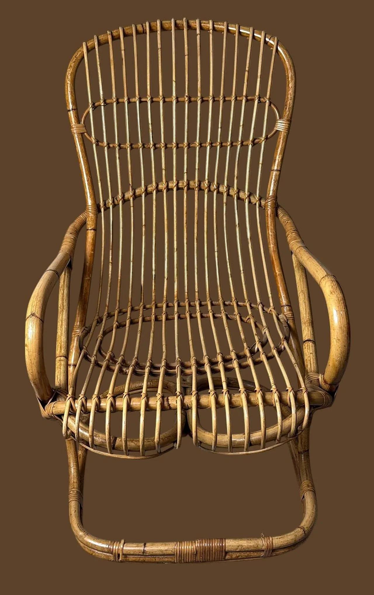 Poltrona a doghe in vimini e bambù in stile rustico, anni '60 4