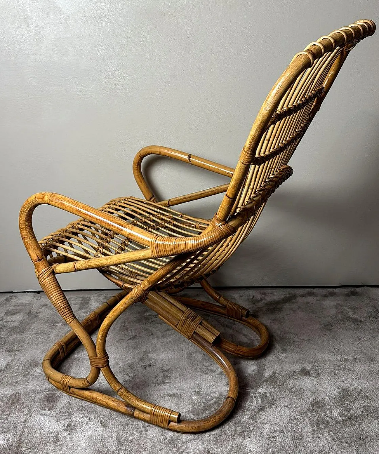 Poltrona a doghe in vimini e bambù in stile rustico, anni '60 7