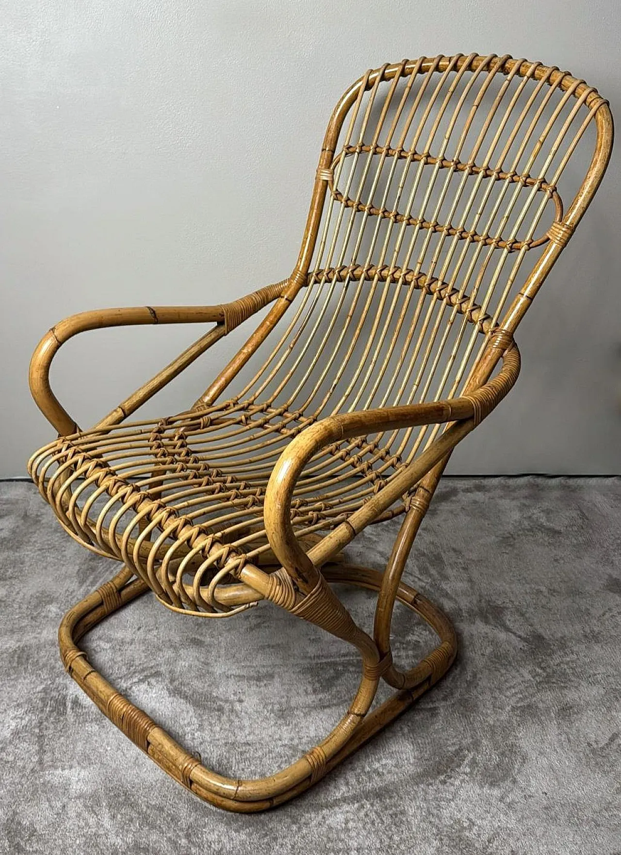 Poltrona a doghe in vimini e bambù in stile rustico, anni '60 8