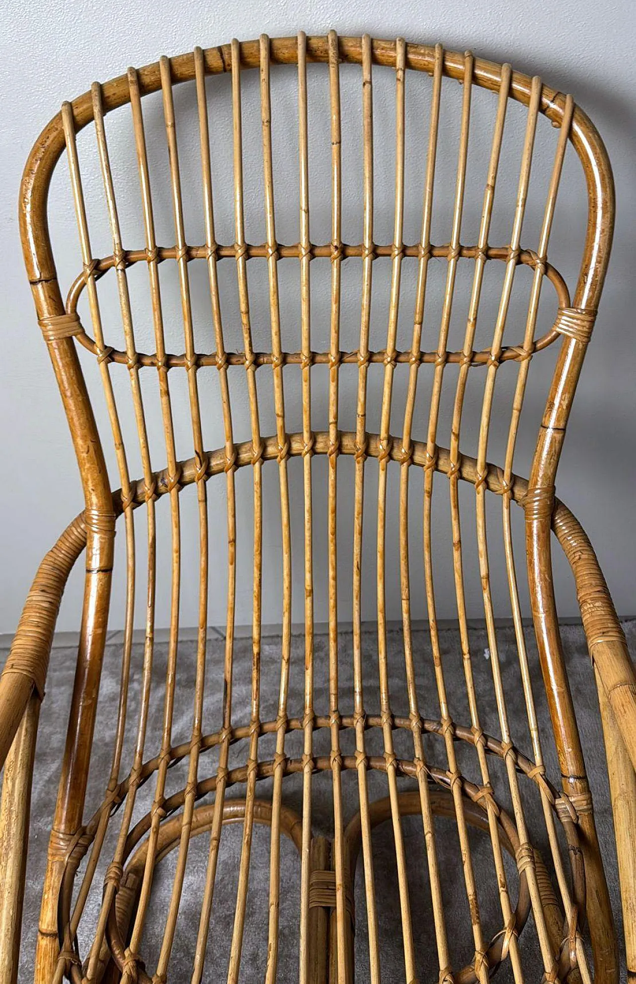 Poltrona a doghe in vimini e bambù in stile rustico, anni '60 10
