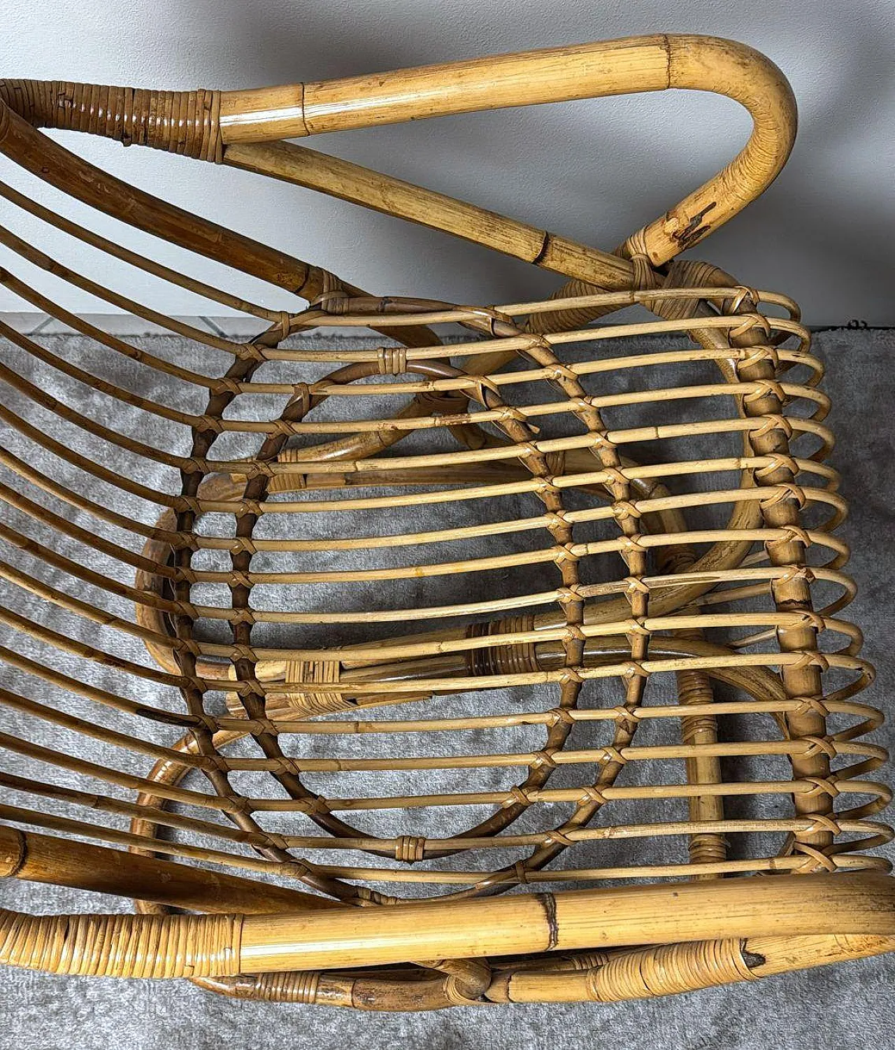 Poltrona a doghe in vimini e bambù in stile rustico, anni '60 13