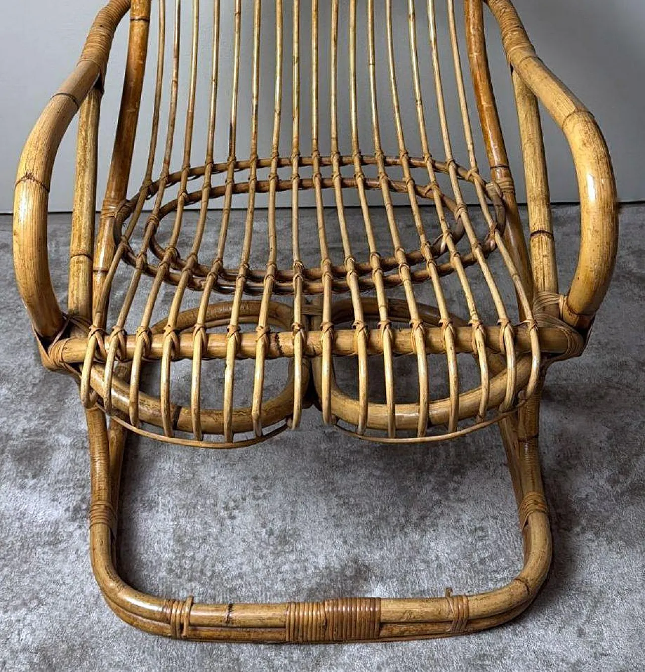 Poltrona a doghe in vimini e bambù in stile rustico, anni '60 14