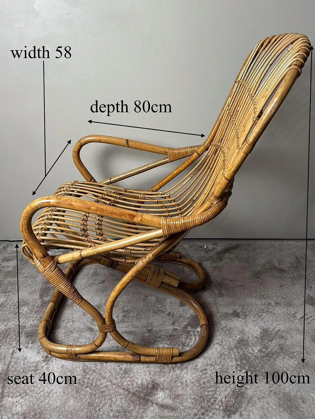 Poltrona a doghe in vimini e bambù in stile rustico, anni '60 20