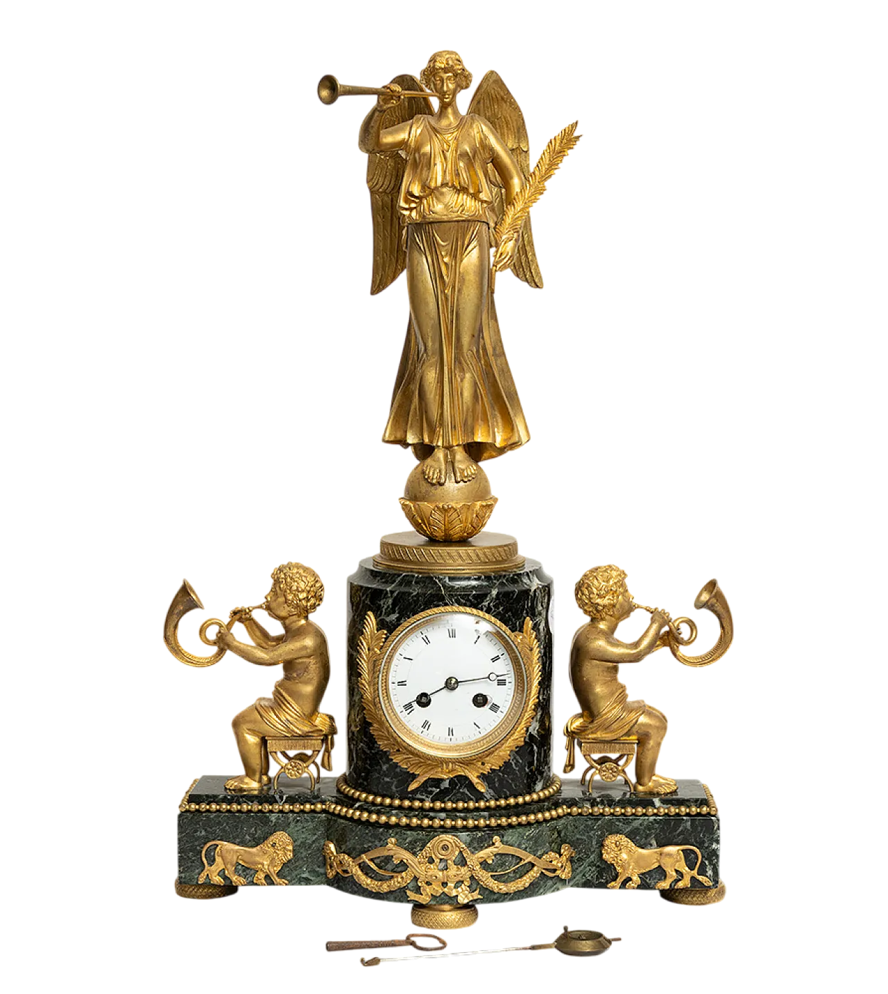 Antique Napoleon III French watch in golden bronze and green marble 8