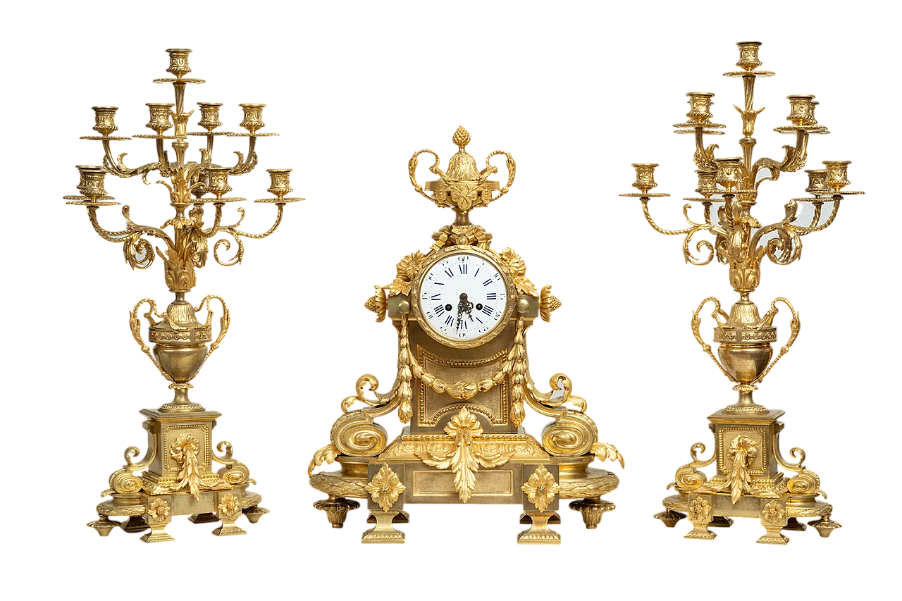 Triptych of Napoleon III French clock in golden bronze, 19th century 10