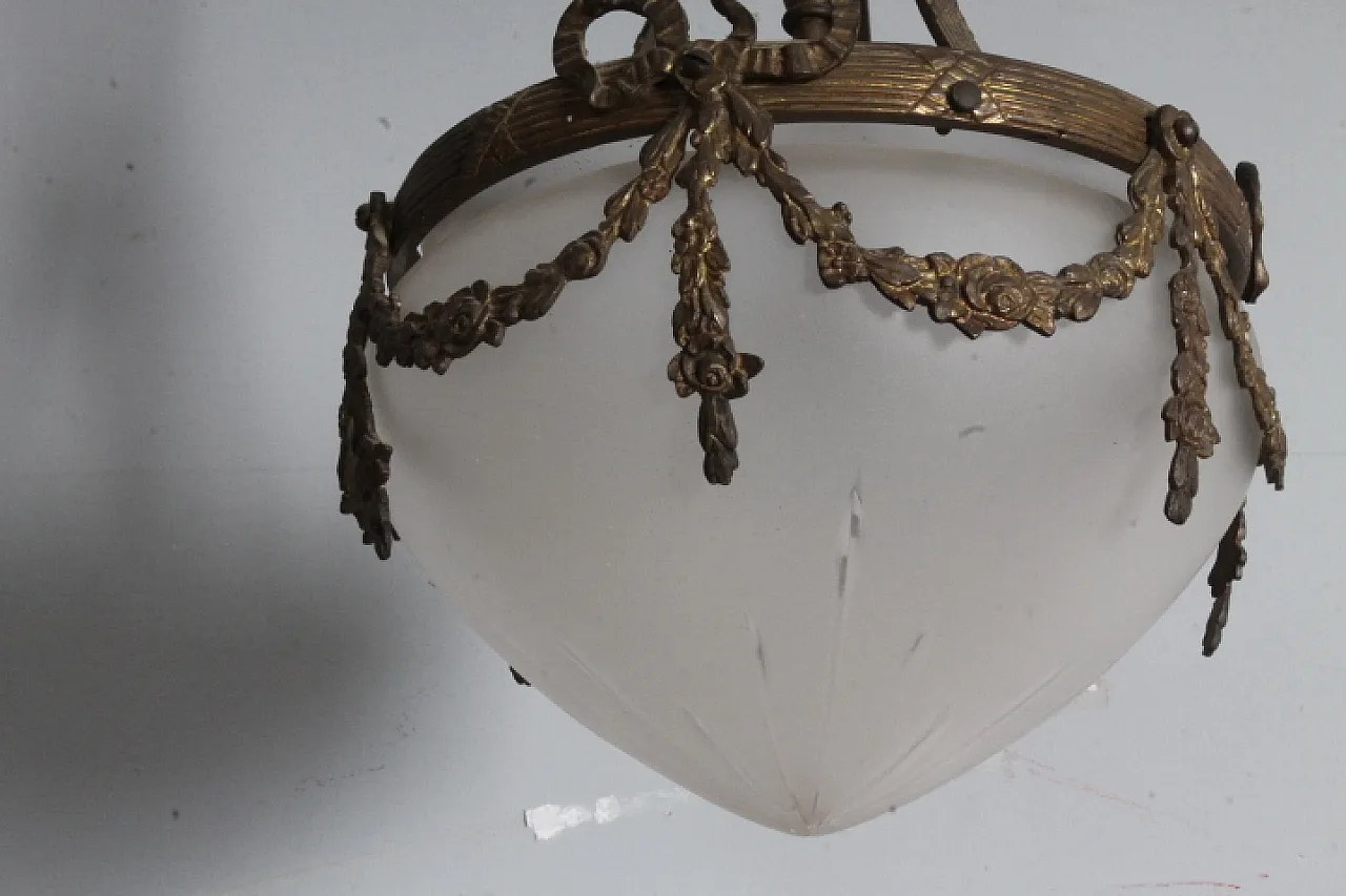 Lampadario liberty vetro opalino e bronzo, 1930 8