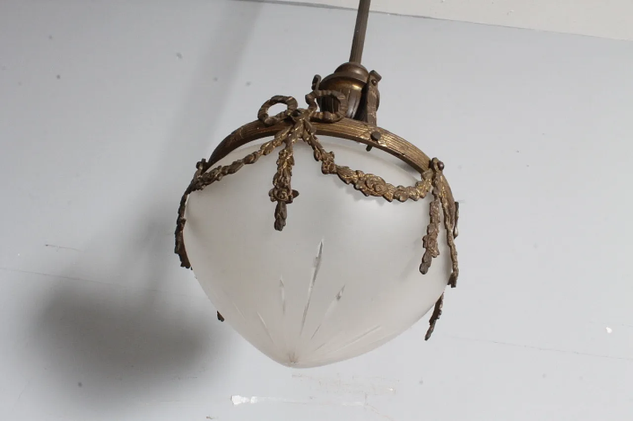 Lampadario liberty vetro opalino e bronzo, 1930 9