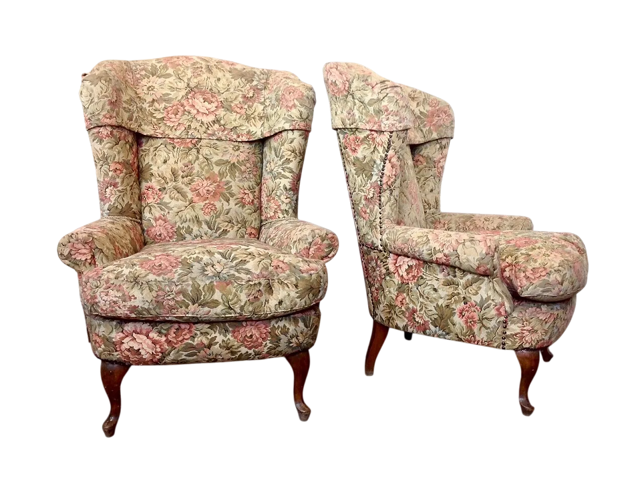 Coppia di poltrone bergere in legno e tessuto, metà '900 7