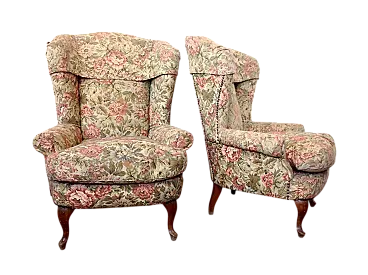 Coppia di poltrone bergere in legno e tessuto, metà '900
