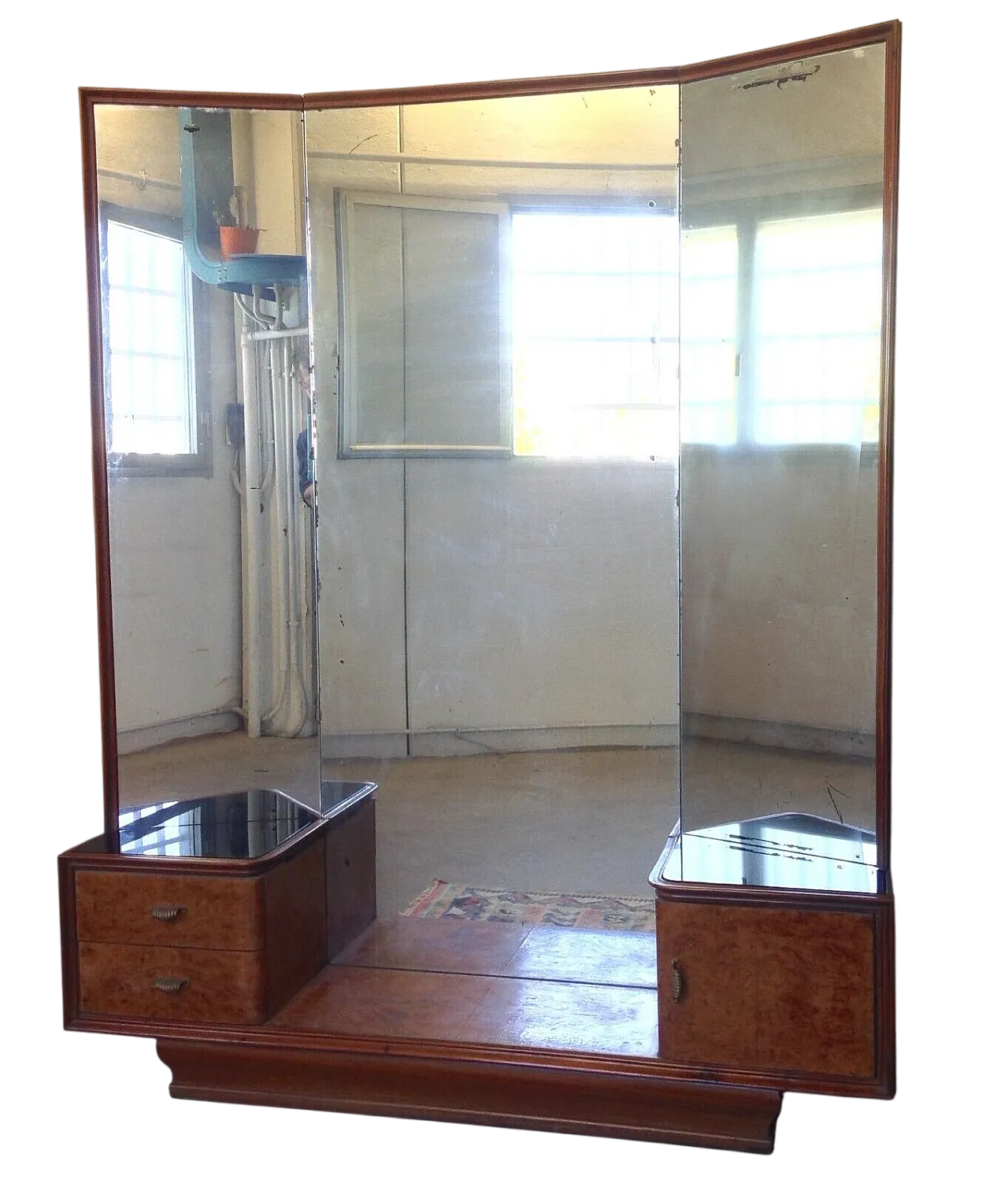 Specchiera con cassetti e sportello, in legno e vetro, metà '900 6