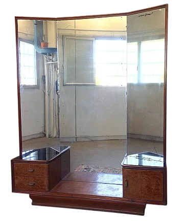 Specchiera con cassetti e sportello, in legno e vetro, metà '900