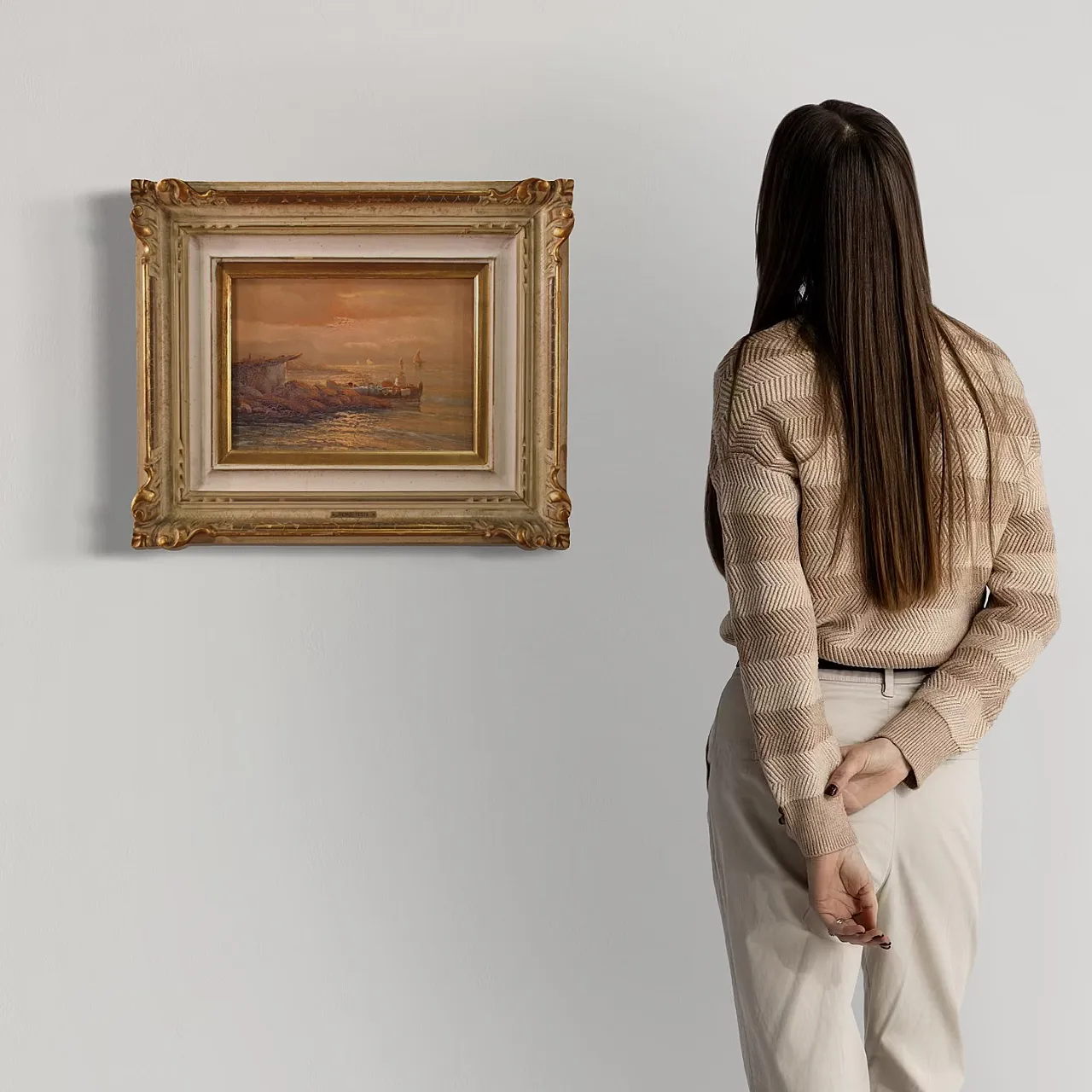 Remo Testa, Pescatori al tramonto, olio su tela firmato, '900 1