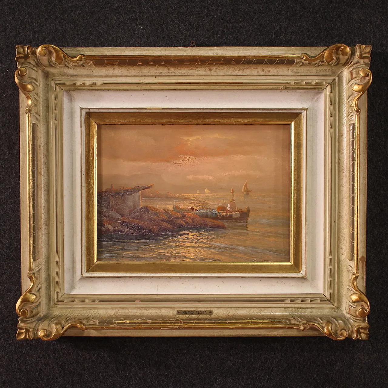 Remo Testa, Pescatori al tramonto, olio su tela firmato, '900 5