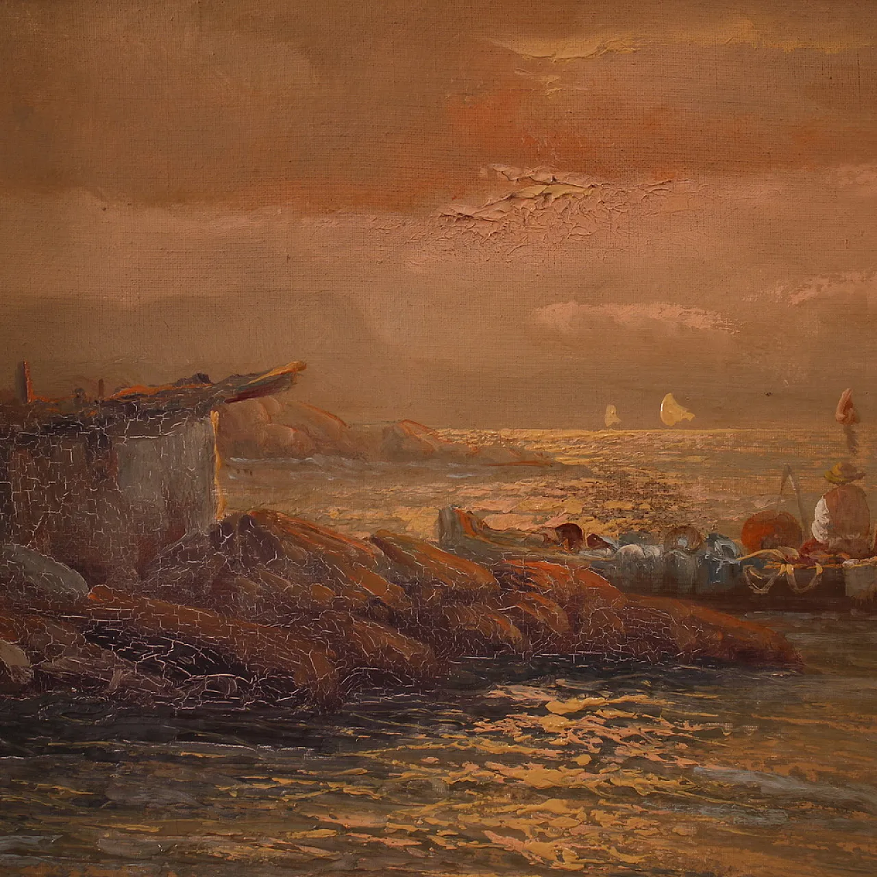 Remo Testa, Pescatori al tramonto, olio su tela firmato, '900 7