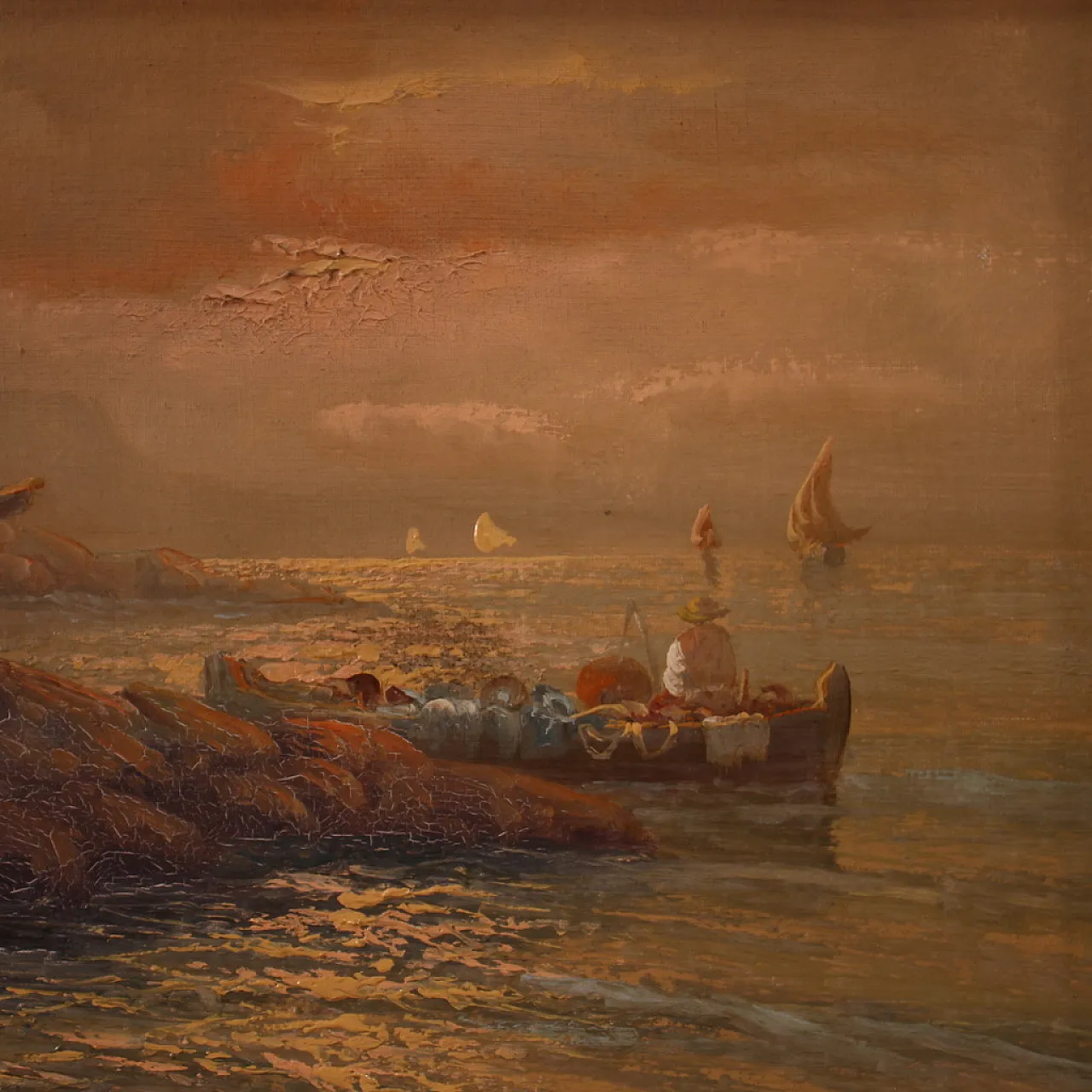 Remo Testa, Pescatori al tramonto, olio su tela firmato, '900 8