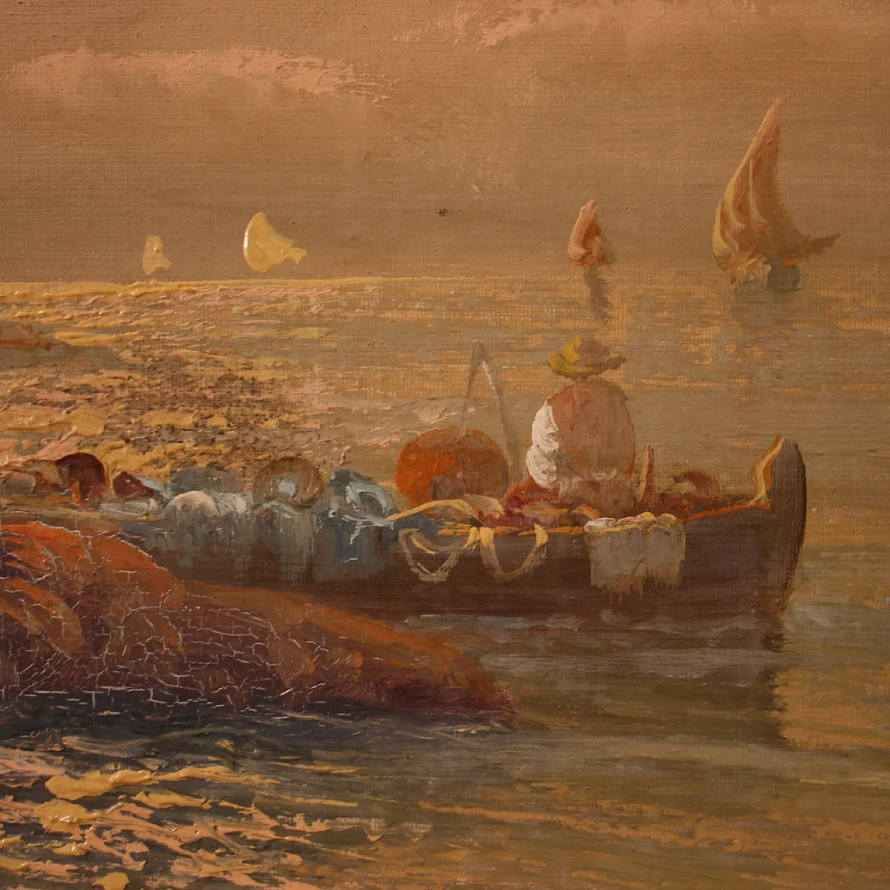 Remo Testa, Pescatori al tramonto, olio su tela firmato, '900 9