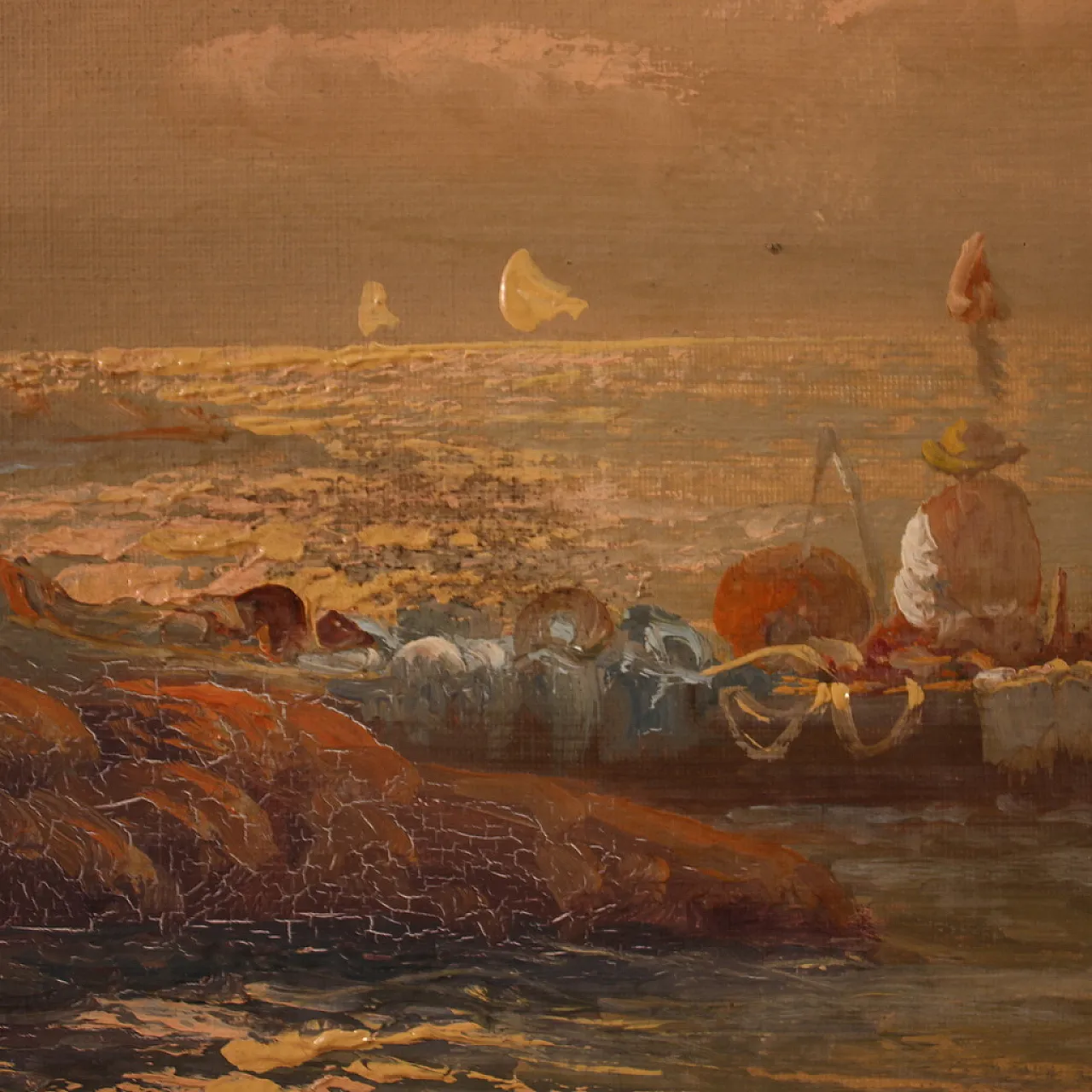 Remo Testa, Pescatori al tramonto, olio su tela firmato, '900 11
