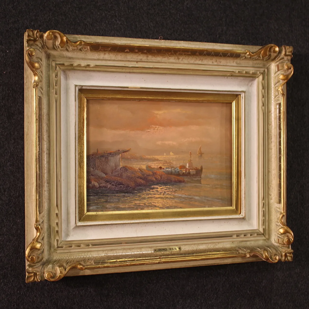 Remo Testa, Pescatori al tramonto, olio su tela firmato, '900 13