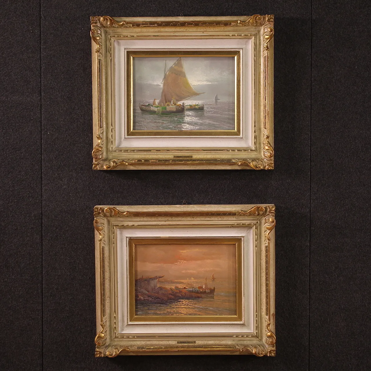 Remo Testa, Pescatori al tramonto, olio su tela firmato, '900 15