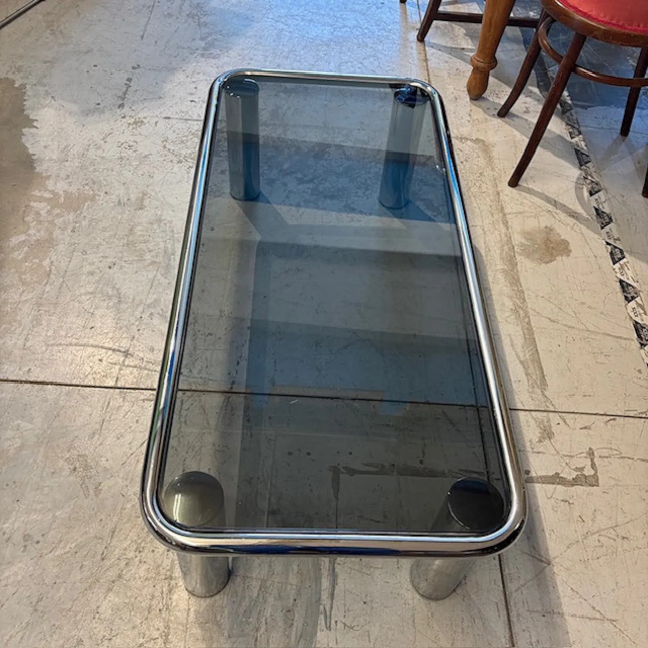 Tavolino da fumo cromato e vetro fumè modello Sesann Frattin, anni '70 8