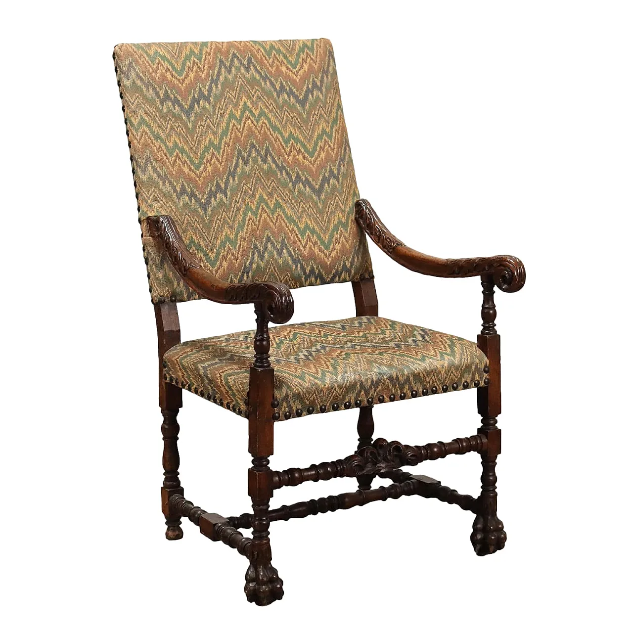 Walnut armchair with leaf motifs & multicoloured fabric, 18th century 1
