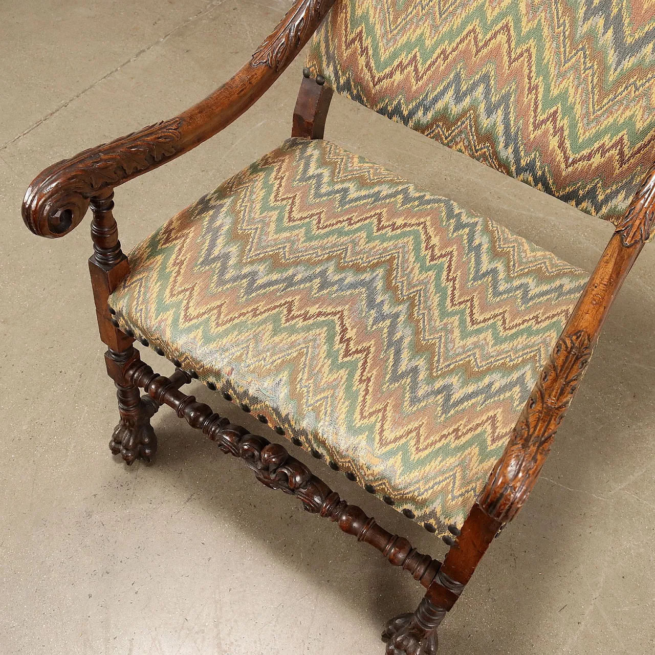 Walnut armchair with leaf motifs & multicoloured fabric, 18th century 8