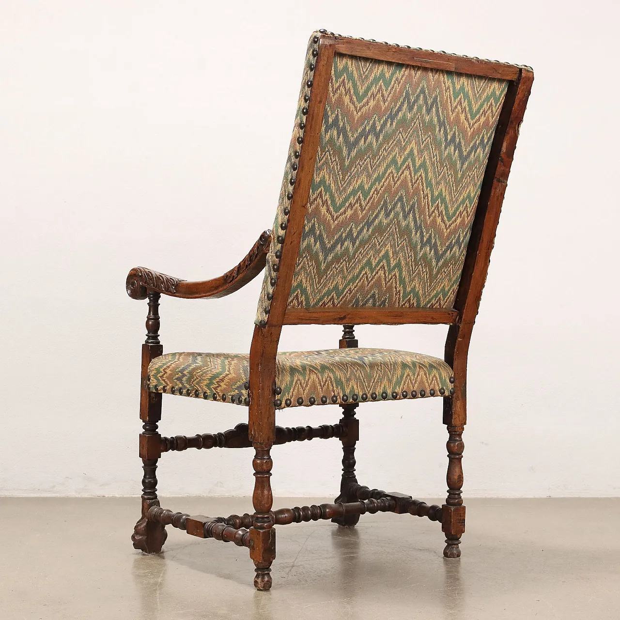 Walnut armchair with leaf motifs & multicoloured fabric, 18th century 9