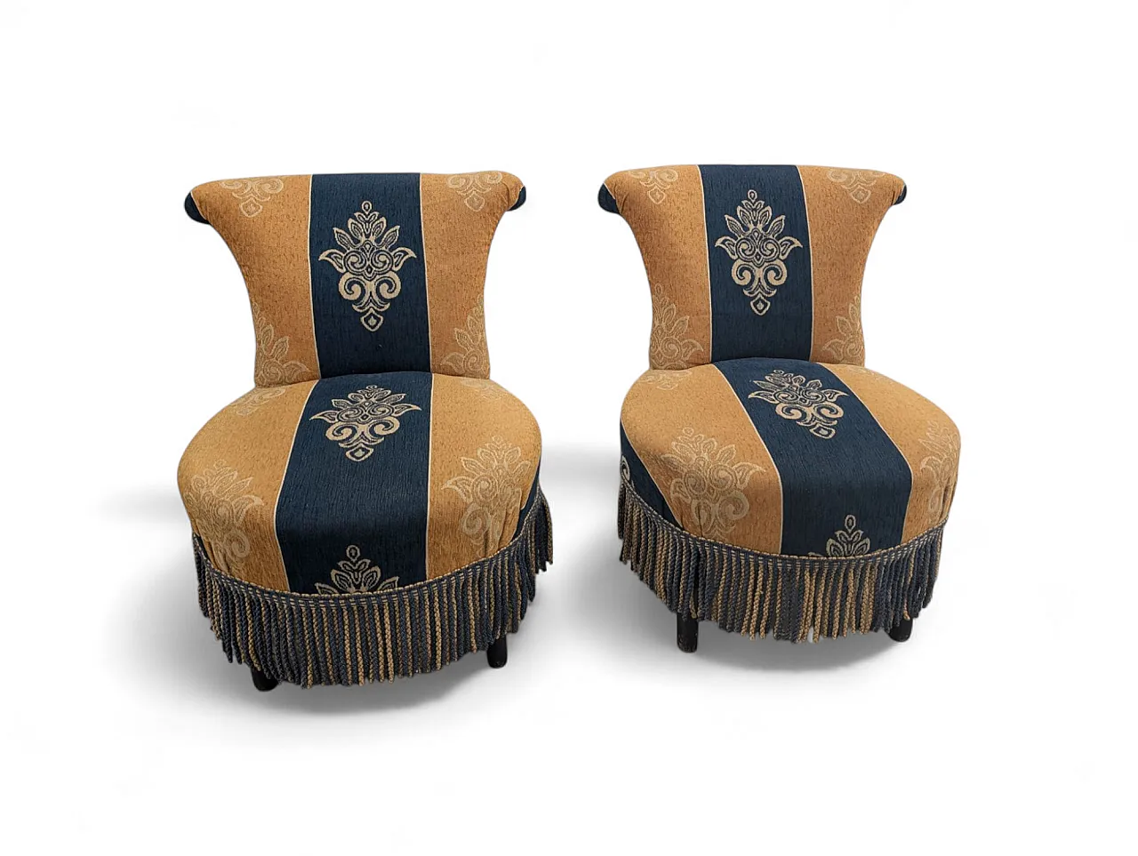 Coppia di poltroncine in tessuto giallo senape e blu, anni 50 1