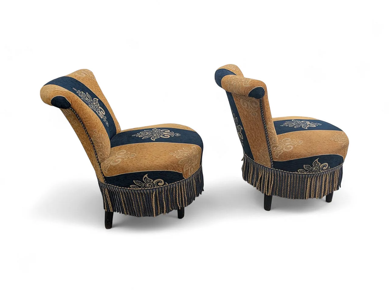 Coppia di poltroncine in tessuto giallo senape e blu, anni 50 2