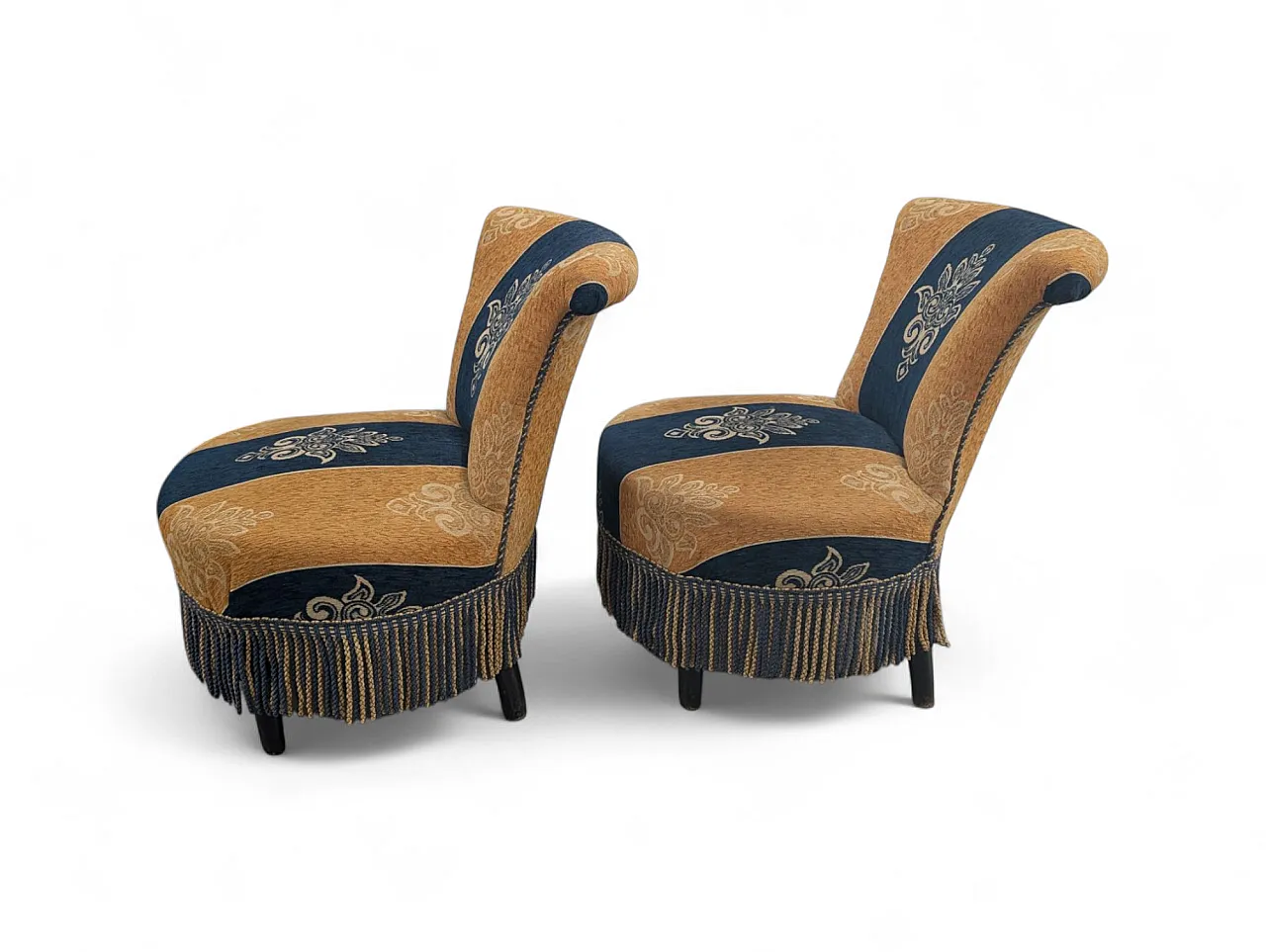 Coppia di poltroncine in tessuto giallo senape e blu, anni 50 3