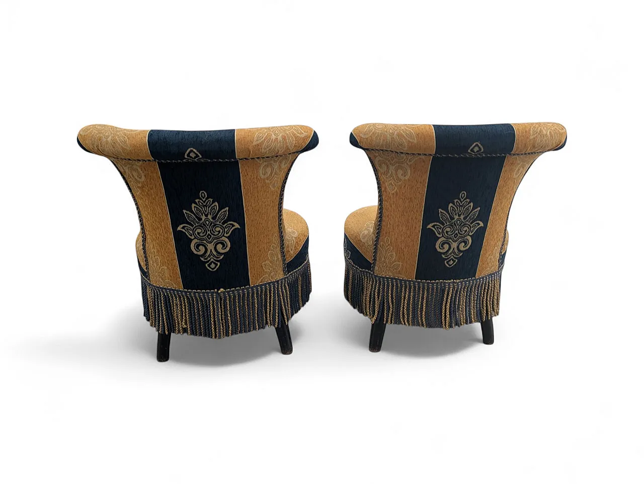 Coppia di poltroncine in tessuto giallo senape e blu, anni 50 4