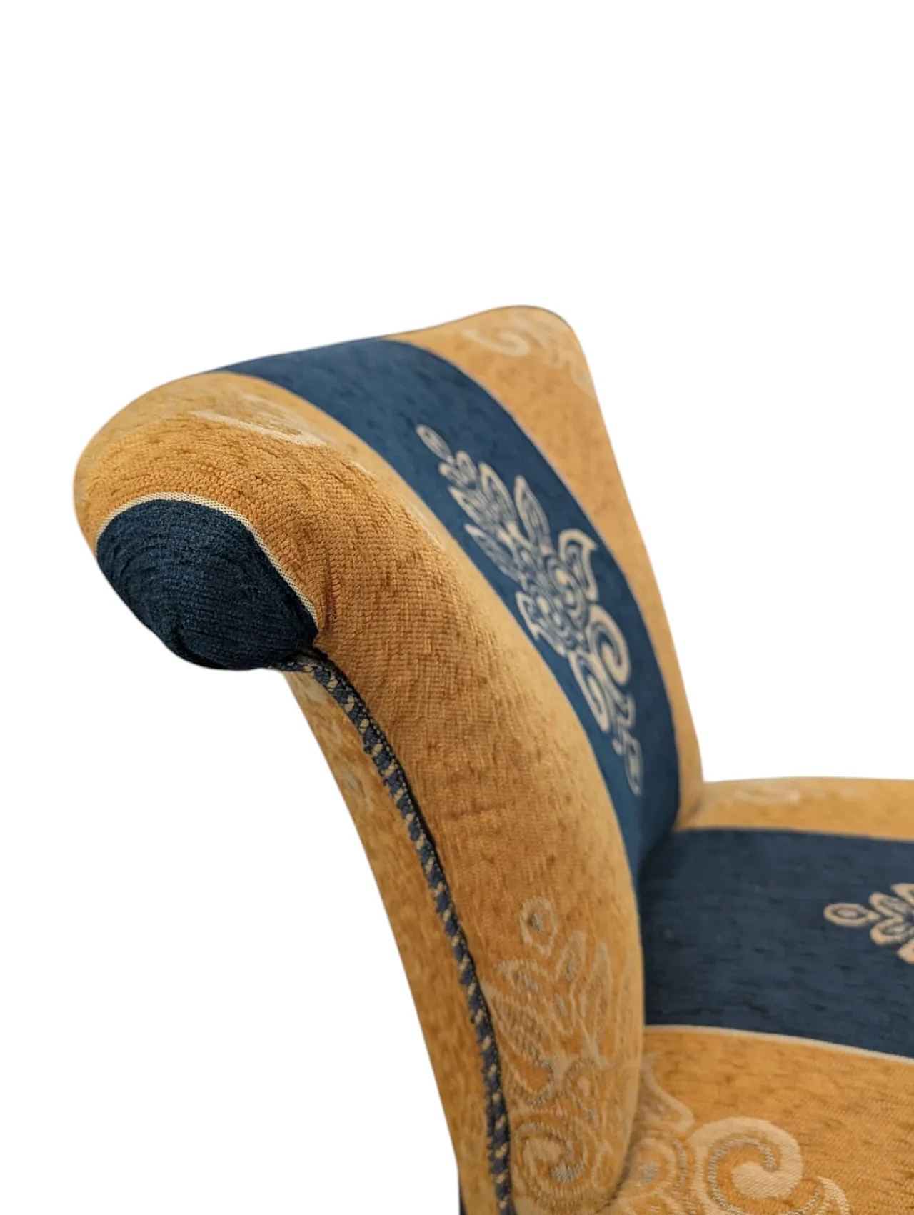 Coppia di poltroncine in tessuto giallo senape e blu, anni 50 6