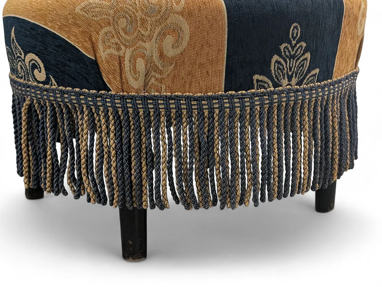 Coppia di poltroncine in tessuto giallo senape e blu, anni 50 7