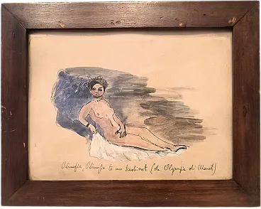 Olimpia, female nude, erotic watercolo drawing with inscriptio, 1950s