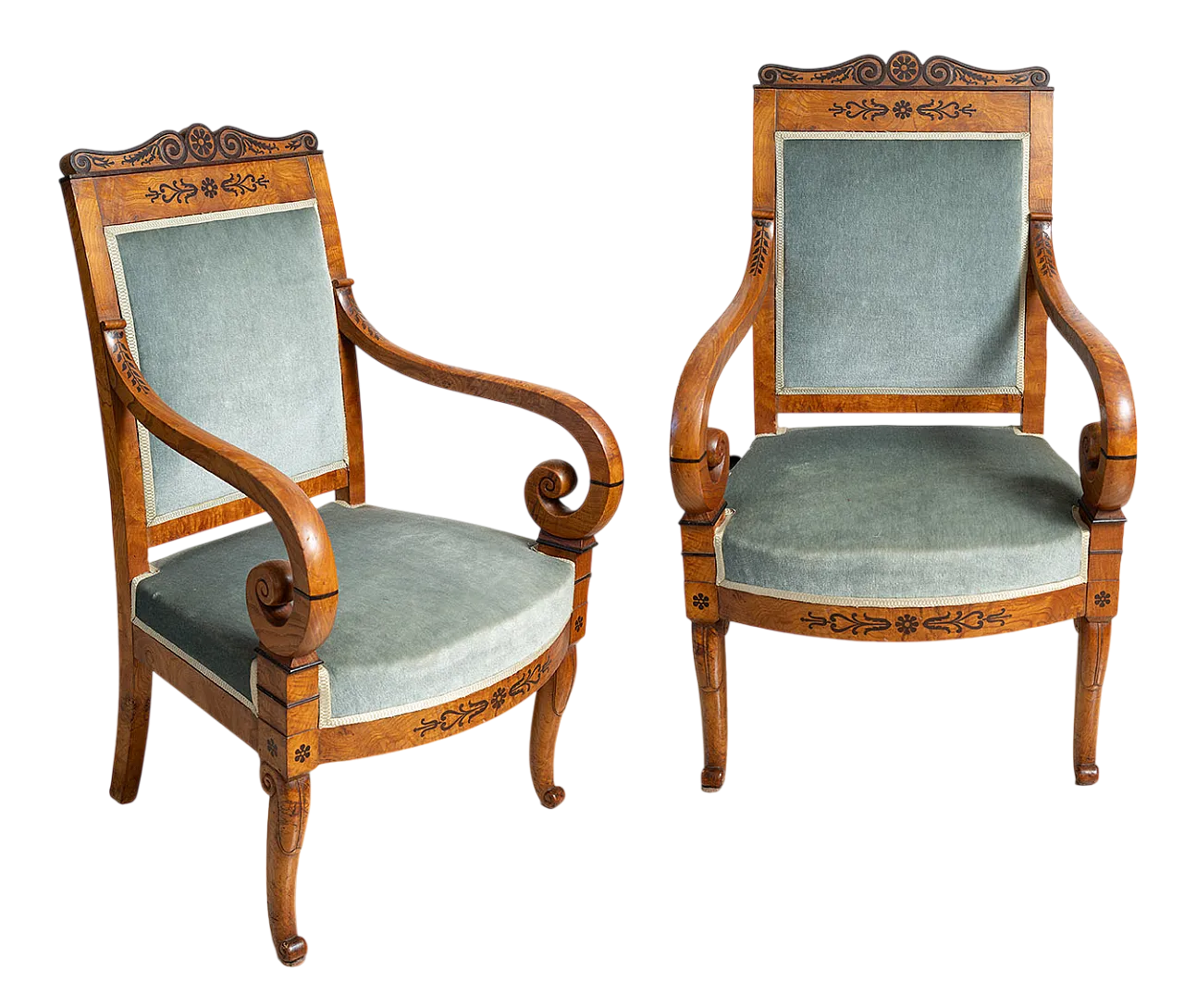 Coppia di poltrone Carlo X in radica di olmo e amaranto, '800 6