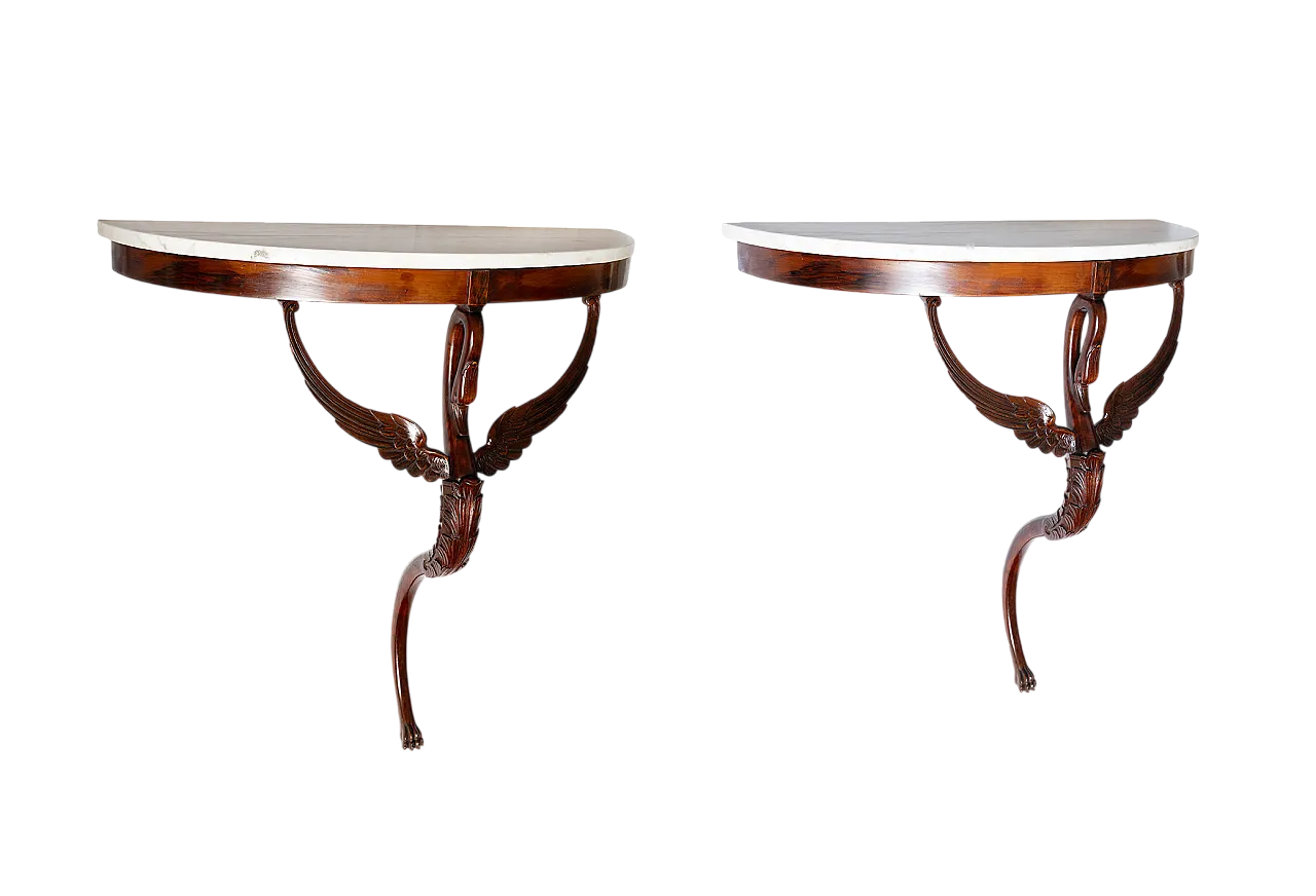 Pair of wall console demi moons in mahogany feather, Naples, 19th c. 5