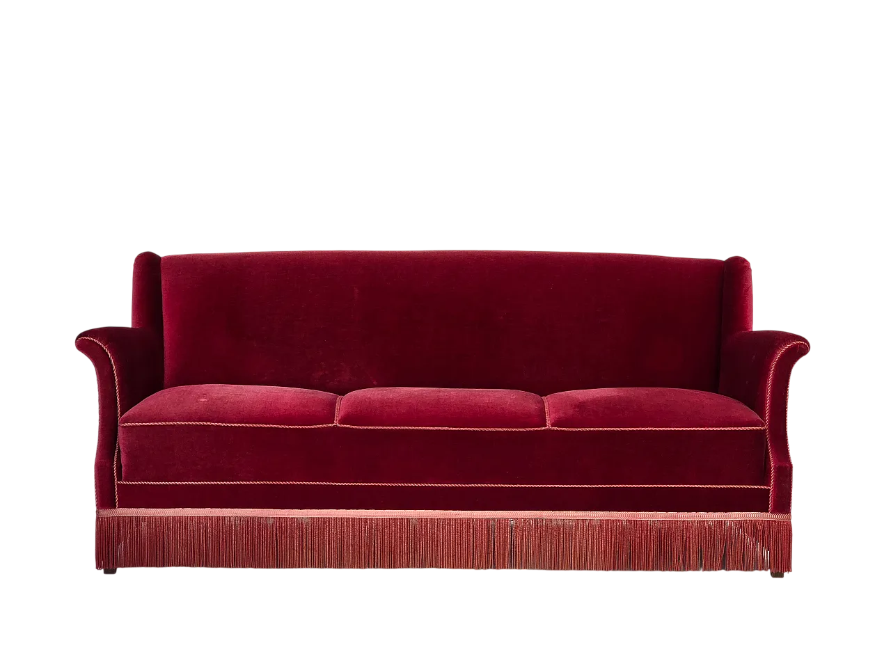 Divano danese a 3 posti, velluto rosso ciliegia, anni '60 20