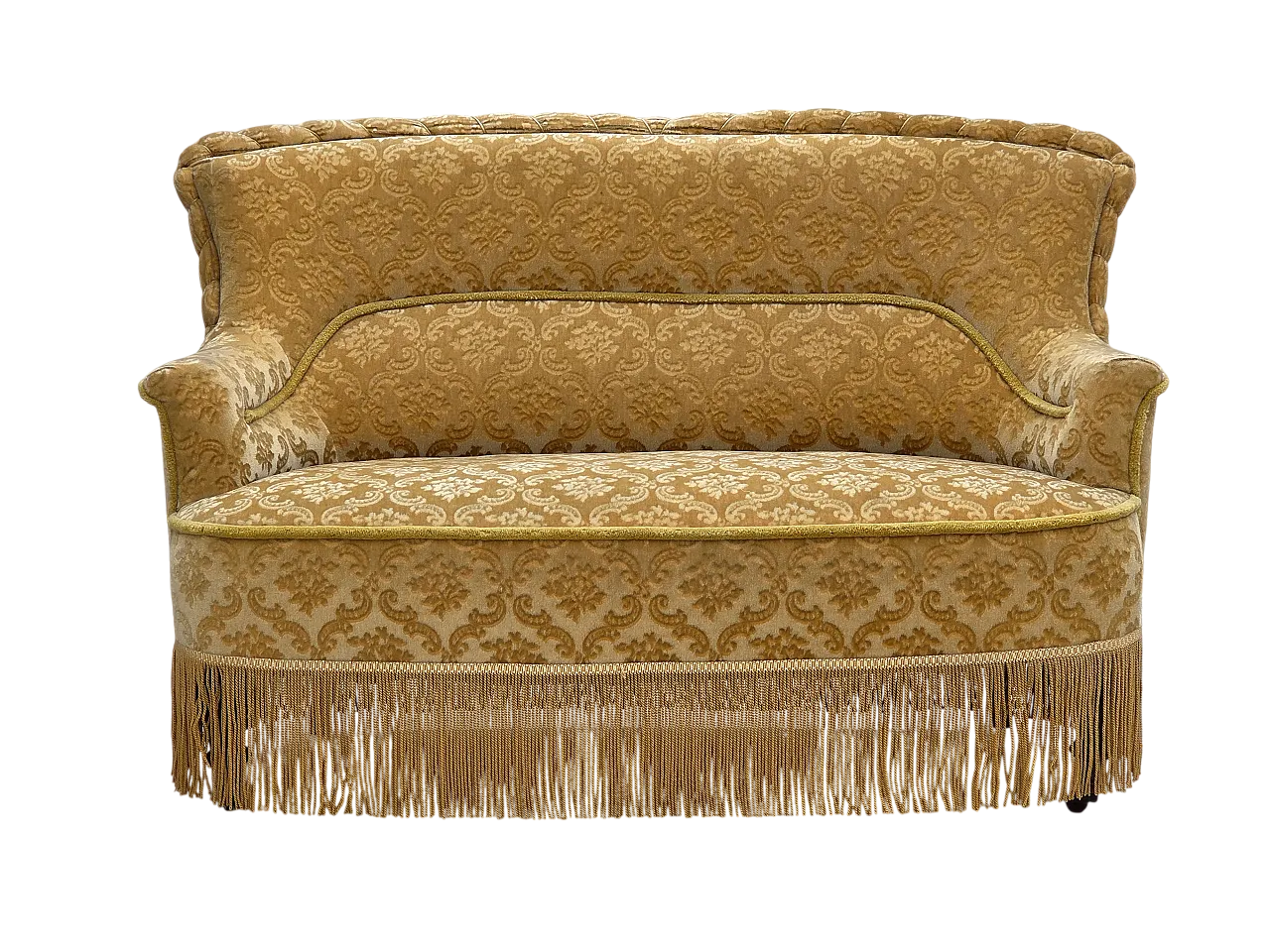 Danish 2-seater sofa, green damask velvet with fringe, 1950s 22