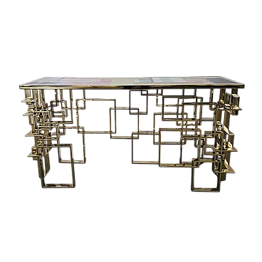 Consolle da centro in acciaio oro con top in vetro di Murano,fine '900