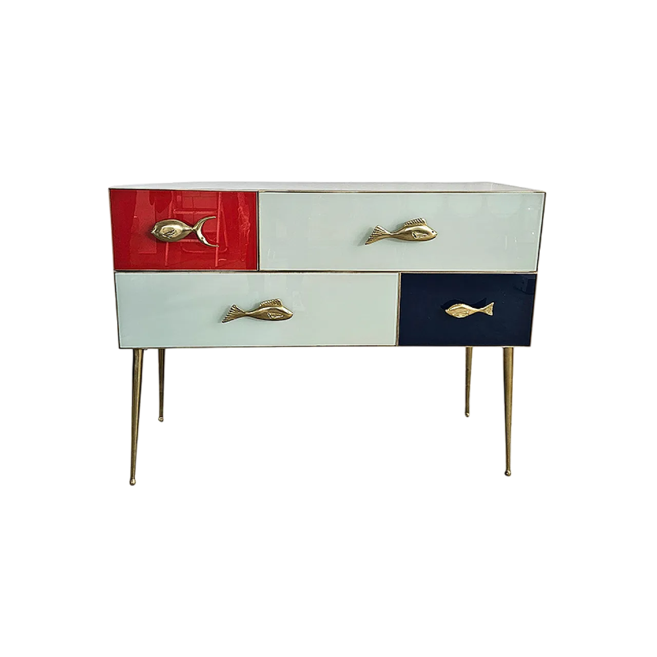 Comò rivestito in vetro rosso e bianco con maniglie a pesce, '900 9