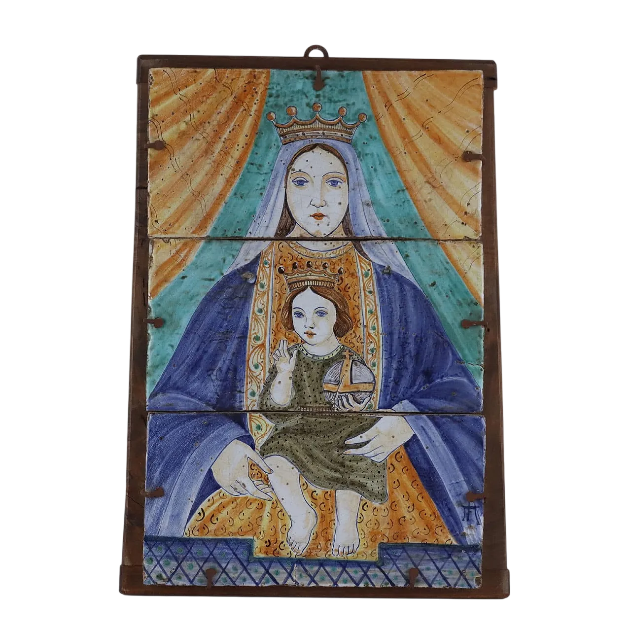 Soggetto religioso, quadro in maiolica e legno, '900 10