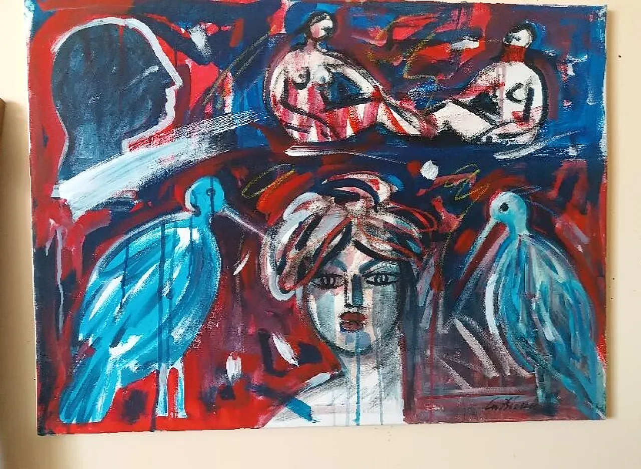 Abstract figurative painting by Dino La Bianca, late 20th century 1