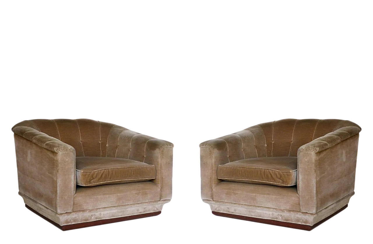 Coppia di poltrone in legno e velluto, anni '40 13